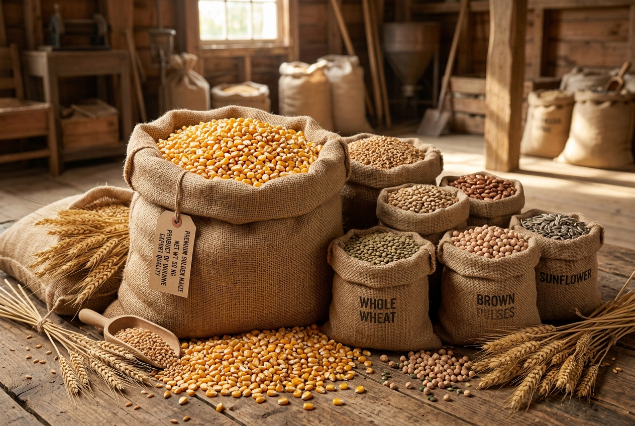 High definition yellow maize corn and grains in burlap sacks