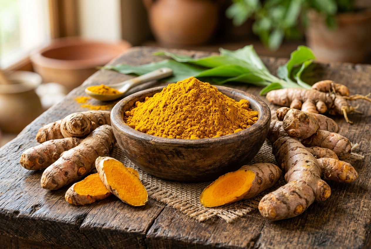 High definition vibrant Indian turmeric powder and rhizomes
